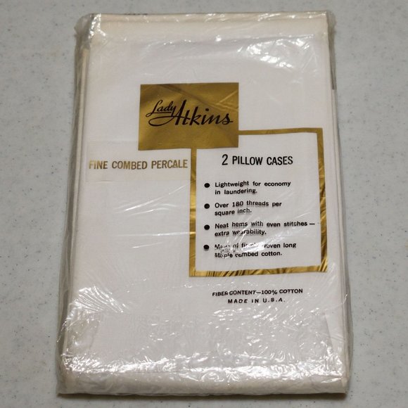 NWD Vintage Lady Atkins Percale 180 Thread (2) White Pillow Cases 42 x 38.5 - Picture 2 of 7
